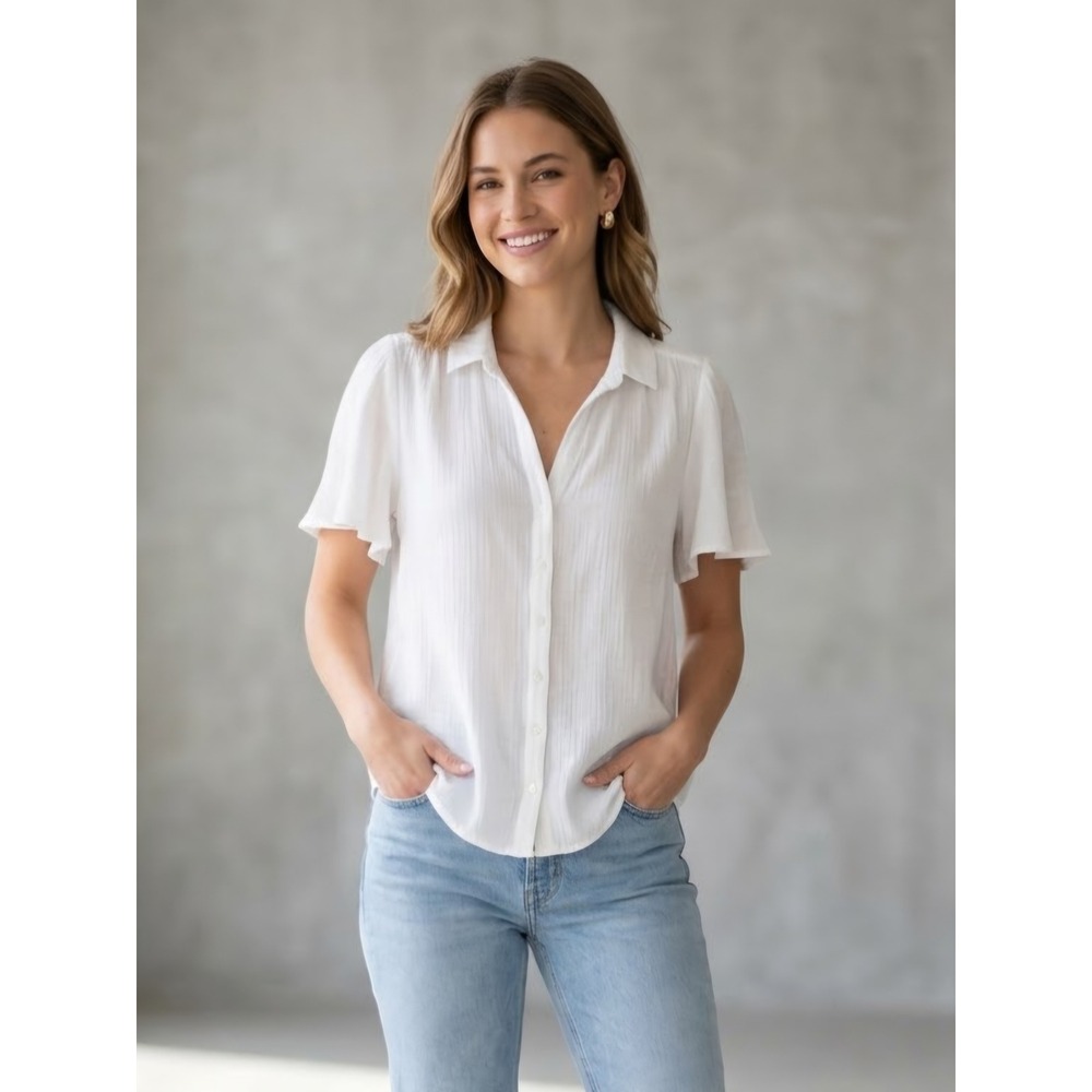 Abercrombie & Fitch White Gauze Flutter Sleeve Button Down Top M